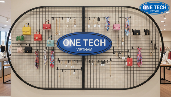 Kệ khung lưới treo phụ kiện bố trí sát tường tối ưu không gian