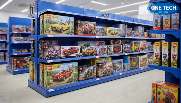 Kệ sắt sơn tĩnh điện trưng bày đồ chơi hộp, chịu tải cao