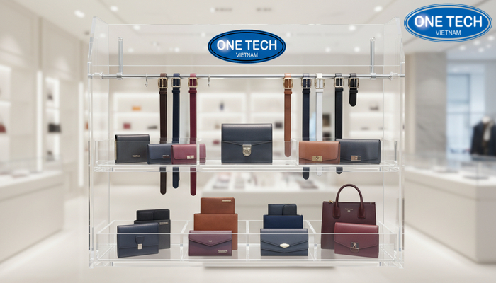 Tủ kệ trưng bày cửa hàng túi xách kết hợp thắt lưng Kệ mica đa năng có ngăn trưng bày ví túi và khu treo thắt lưng