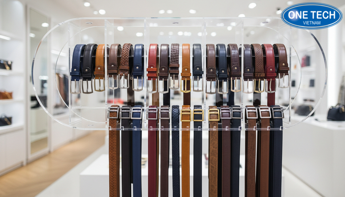 Kệ mica đa năng trưng bày thắt lưng Mẫu kệ mica trong suốt có móc treo thắt lưng và phân vùng trưng bày