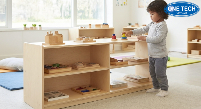 Kệ Montessori đặt trong lớp mầm non, bé tự lấy và cất đồ chơi đúng vị trí