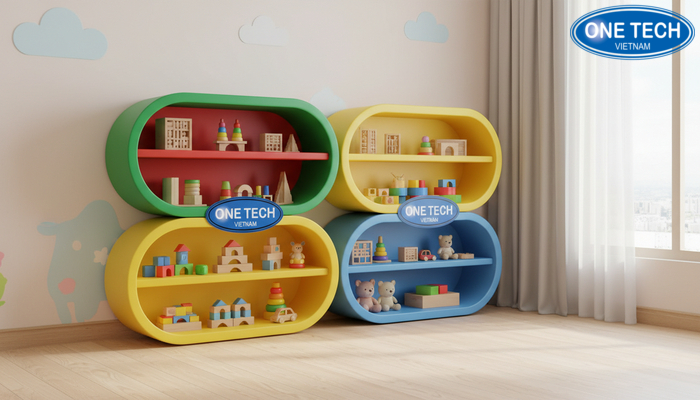 Kệ nhựa an toàn, màu sắc tươi, bề mặt nhẵn dễ vệ sinh cho khu vui chơi