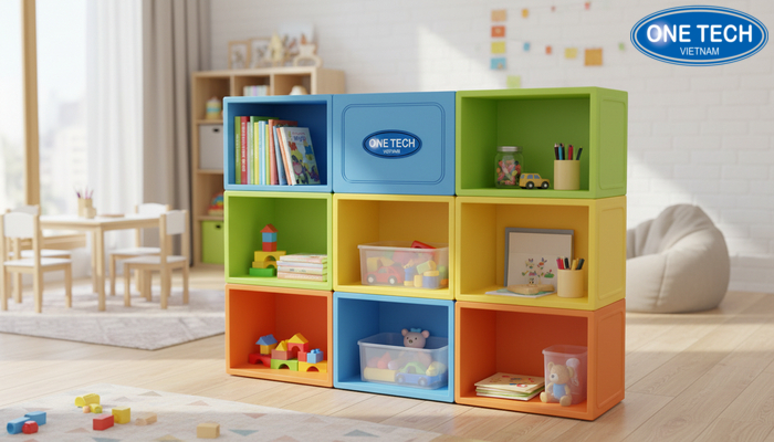 Kệ nhựa PP nhiều ngăn, phối màu bắt mắt cho phòng chơi