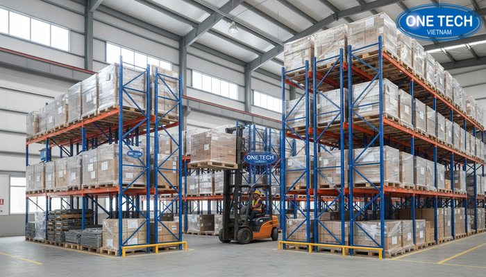 Kệ pallet ứng dụng trong kho công nghiệp, thao tác bằng xe nâng