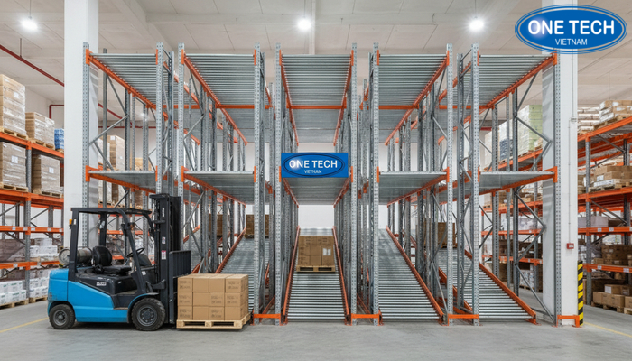 Kệ Push Back đang vận hành, pallet được đẩy lùi vào trong và tự trượt ra khi lấy hàng