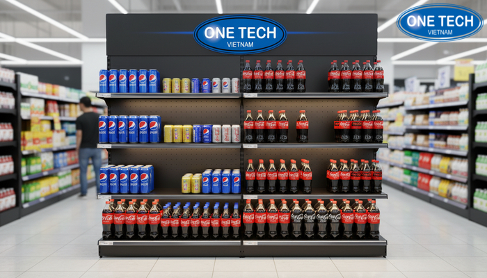 Kệ trưng bày nước ngọt bắt mắt có LED Kệ quảng cáo có đèn LED giúp tăng nổi bật cho khu trưng bày nước ngọt