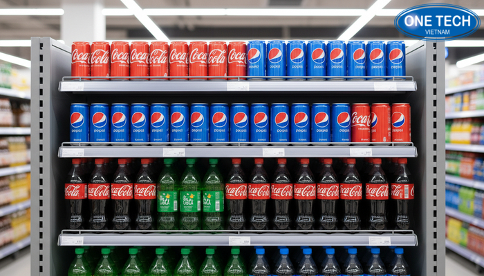 Bố cục kệ quảng cáo Pepsi, Coca theo lon chai Bố cục tầng trưng bày lon và chai trên kệ quảng cáo siêu thị