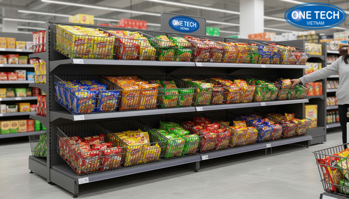 Kệ rổ mì bố trí trong cửa hàng hiện đại