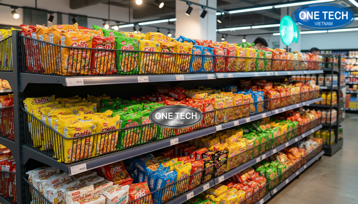 Kệ rổ mì trưng bày mì gói tại siêu thị mini