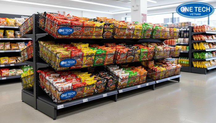 Ứng dụng kệ rổ mì trong cửa hàng tiện lợi