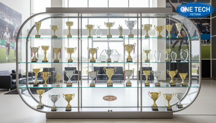 Kệ trưng bày cúp kính cường lực nhiều ngăn, dễ quan sát