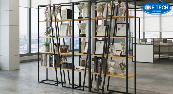 Tổng quan kệ trưng bày cúp trong không gian văn phòng và showroom