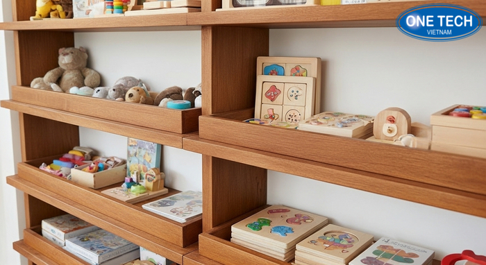 Kệ trưng bày đồ chơi bằng gỗ tự nhiên nhiều tầng, tông màu ấm