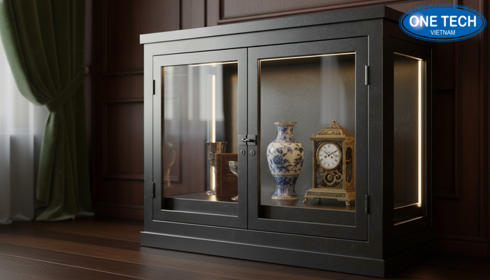 Tính năng bổ trợ cho kệ trưng bày đồ cổ Kệ trưng bày đồ cổ có khóa, kính cường lực và đèn LED chiếu sáng