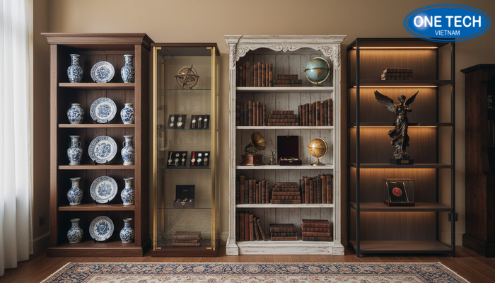 Các loại kệ trưng bày đồ cổ phổ biến Tổng hợp các loại kệ trưng bày đồ cổ phổ biến: kệ gỗ, tủ kính, kệ giả cổ, kệ có đèn