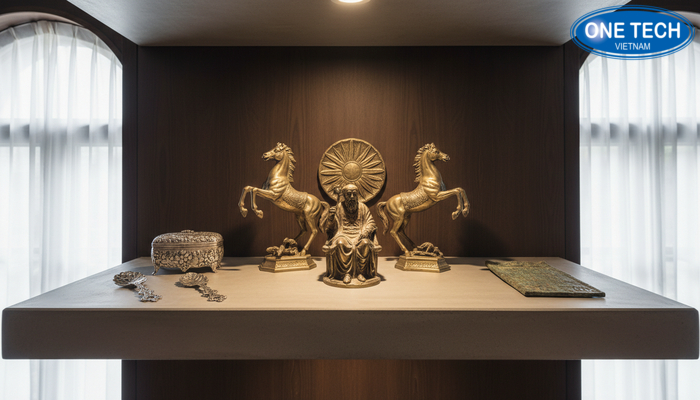 Kệ trưng bày đồ kim loại cổ Kệ trưng bày đồ kim loại cổ đặt ở khu vực khô thoáng để hạn chế han gỉ