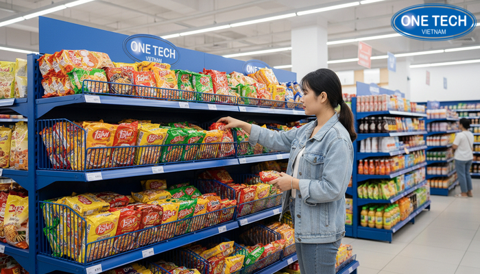 Khách hàng chọn mì gói tại kệ rổ mì