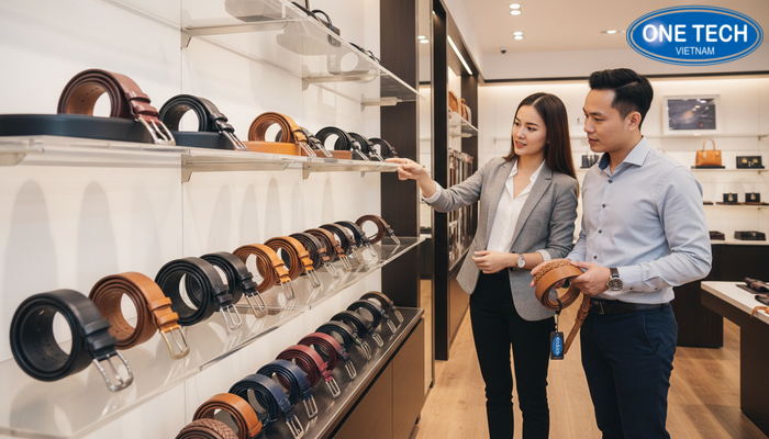 Kệ trưng bày dây nịt mica trong suốt Khách hàng tham khảo mẫu kệ mica trưng bày dây nịt tại showroom