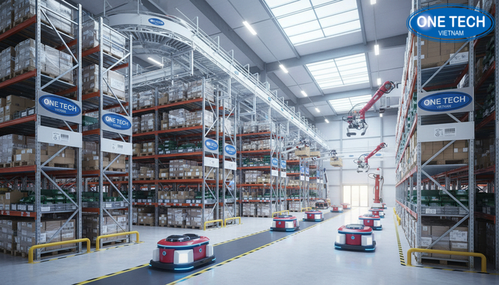 Kho thông minh hiện đại kết hợp kệ pallet và hệ thống tự động hóa