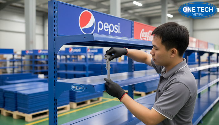 Kiểm định kệ quảng cáo siêu thị trước khi xuất xưởng Kiểm tra chất lượng kết cấu, logo và màu sắc trước khi giao kệ quảng cáo