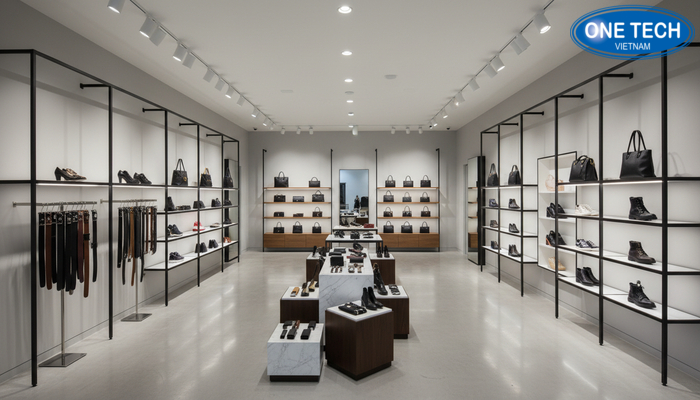 Tối ưu không gian với hệ kệ trưng bày đồng bộ Sơ đồ mặt bằng bố trí kệ thắt lưng kết hợp kệ giày và kệ túi xách