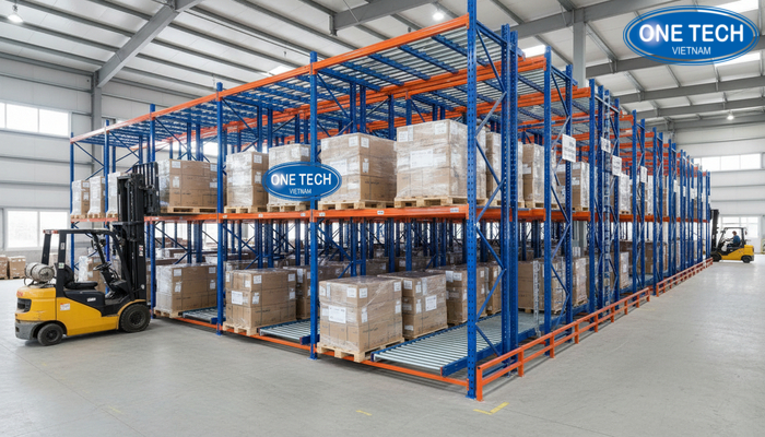 Kệ pallet flow chịu tải lớn Mẫu kệ pallet flow cho pallet tải nặng, luồng nhập và xuất tách biệt