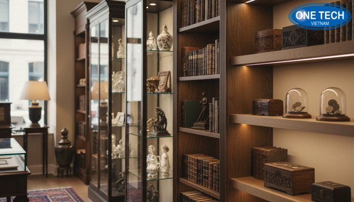 Mẫu kệ trưng bày đồ cổ theo tầm giá Các mẫu tủ kính, kệ gỗ và kệ có đèn LED ở những tầm giá khác nhau