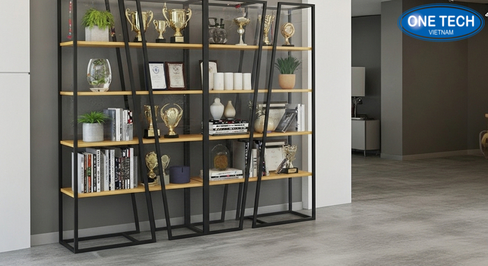 Mẫu tủ trưng bày cúp sang trọng đặt trong showroom