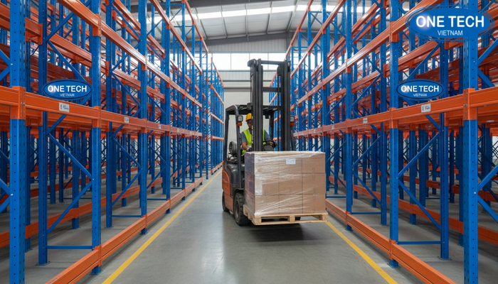 Mẹo sử dụng kệ drive in hiệu quả Minh họa các mẹo vận hành an toàn kệ drive in như căn pallet, tốc độ xe nâng, kiểm soát khoảng hở