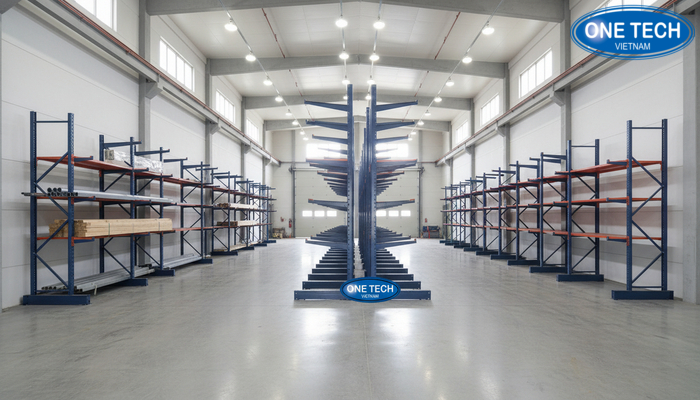 Minh họa bố trí kệ tay đỡ một mặt và hai mặt theo mặt bằng kho