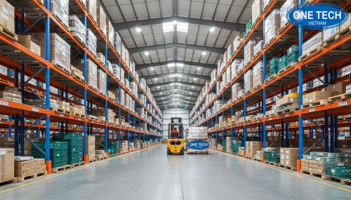 Lối đi xe nâng với kệ selective Minh họa lối đi xe nâng trong kho dùng kệ selective