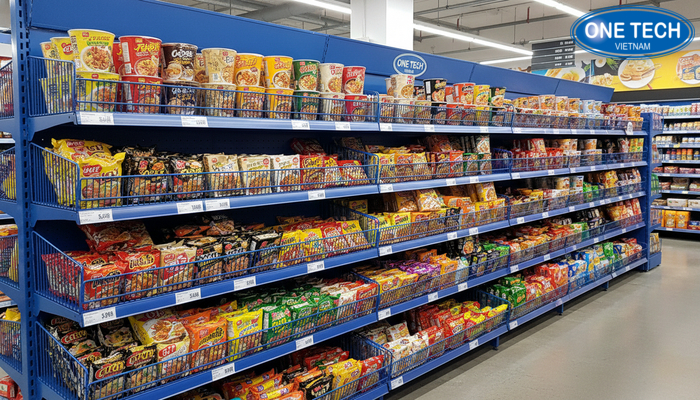 Bảng giá và thanh chắn giúp trưng bày kệ rổ mì gọn gàng