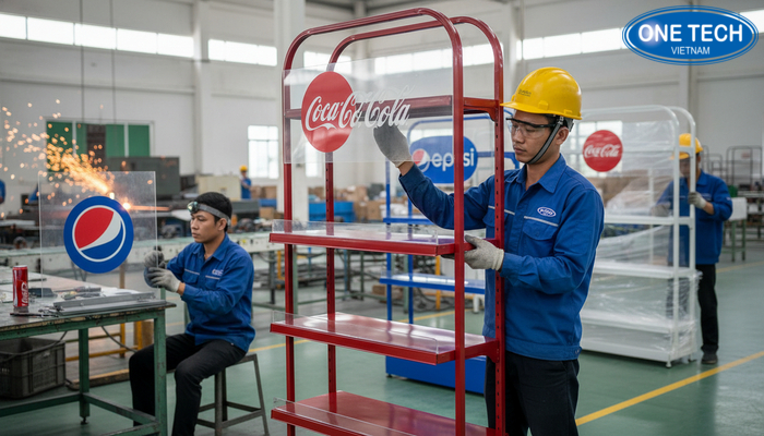 Quy trình sản xuất kệ quảng cáo Pepsi, Coca tại Hưng Yên Hình ảnh quy trình sản xuất kệ quảng cáo tại Hưng Yên từ gia công đến hoàn thiện
