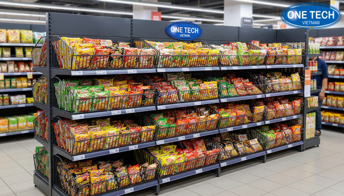 Rổ lưới và máng rổ sâu lòng trên kệ rổ mì