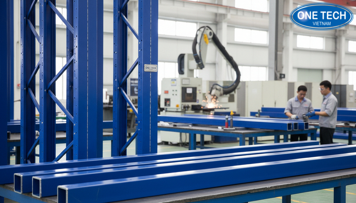 Sản xuất kệ drive in OneTech Hình ảnh gia công sản xuất kệ drive in tại xưởng, thể hiện khung cột và chi tiết ray đỡ