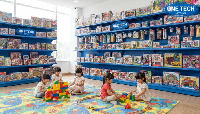 Khu trải nghiệm cạnh kệ, thảm chống trượt, khoảng trống đủ cho bé chơi thử