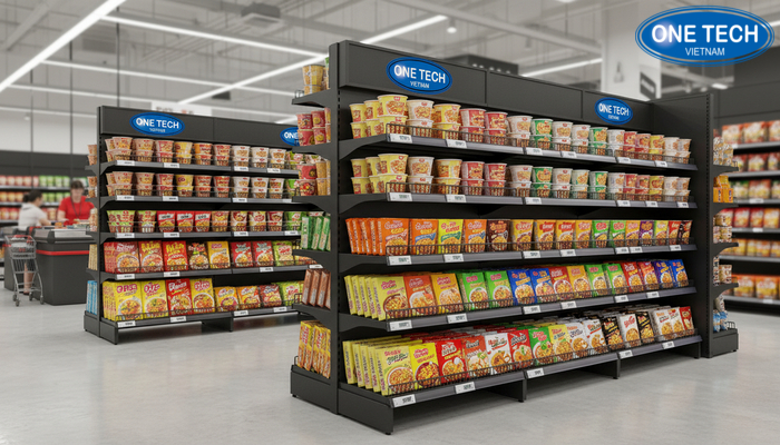 Sơ đồ bố trí kệ rổ mì gần khu vực thanh toán