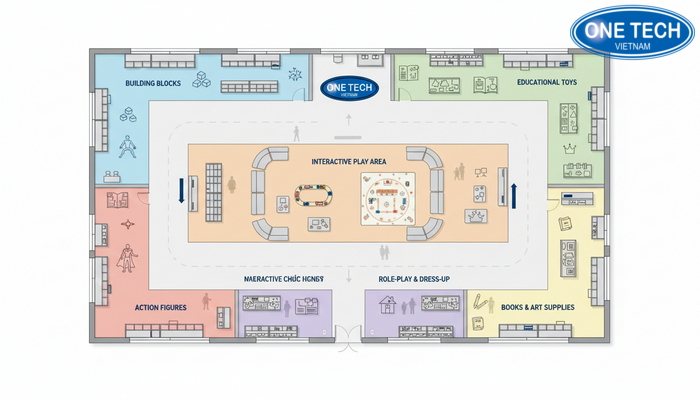 Sơ đồ bố trí kệ trong cửa hàng đồ chơi, phân luồng lối đi và khu trải nghiệm