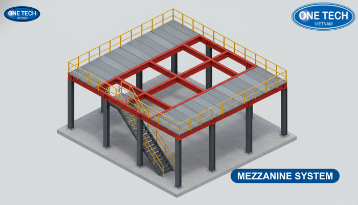 Sơ đồ cấu trúc kệ sàn Mezzanine gồm khung thép, dầm chịu lực, mặt sàn và lan can an toàn