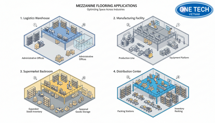 Sơ đồ ứng dụng kệ sàn Mezzanine theo ngành logistics, sản xuất, siêu thị và trung tâm phân phối