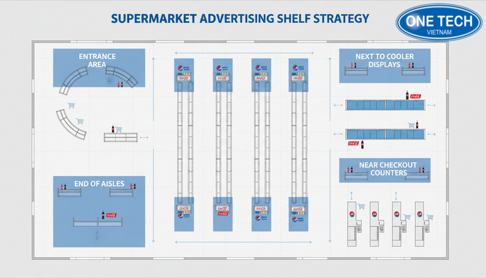 Vị trí tối ưu cho kệ quảng cáo Pepsi, Coca Sơ đồ gợi ý vị trí đặt kệ quảng cáo trong siêu thị như cửa vào, đầu dãy, quầy thanh toán