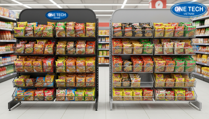 So sánh độ hoàn thiện rổ lưới và độ chắc khung kệ rổ mì