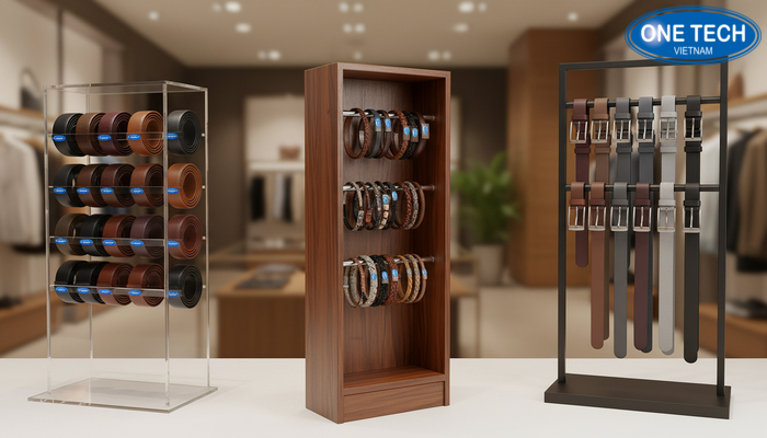 So sánh các loại kệ trưng bày thắt lưng phổ biến So sánh kệ trưng bày thắt lưng mica gỗ kim loại theo kiểu dáng và ứng dụng