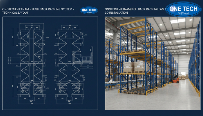 Bản vẽ thiết kế 2D và phối cảnh 3D hệ thống kệ Push Back cho kho công nghiệp