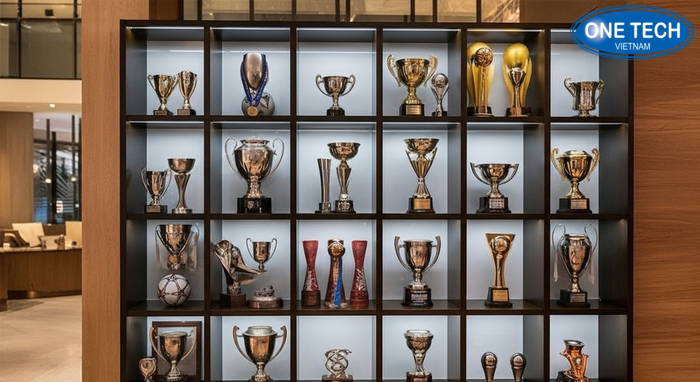 Tủ trưng bày cúp bằng gỗ tự nhiên tạo cảm giác ấm và sang