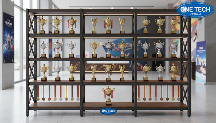 Tủ trưng bày huy chương cao cấp có đèn LED tôn chi tiết