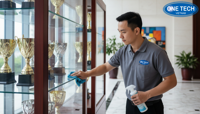 Vệ sinh kệ trưng bày cúp kính và gỗ đúng cách, tránh trầy xước