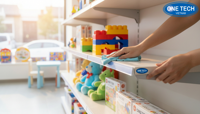 Lau kệ bằng khăn ẩm mềm, thao tác nhẹ để bảo vệ bề mặt