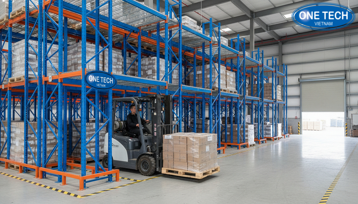 Video vận hành kệ drive in Video minh họa vận hành xe nâng trong hệ thống kệ drive in và cách lấy pallet