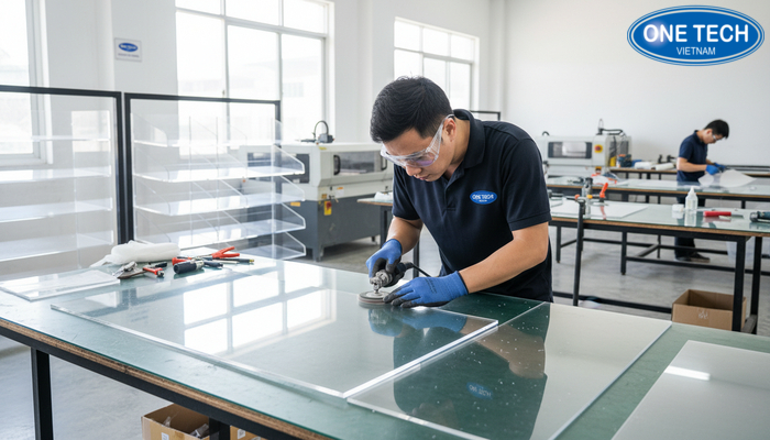 Gia công kệ mica trưng bày dây nịt Khu vực gia công kệ mica tại xưởng OneTech